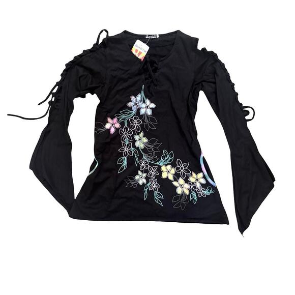vtg. Black Embroidered Floral Tie Up‎ sleeves Fairy Grunge Boho Top NWT - Picture 7 of 9